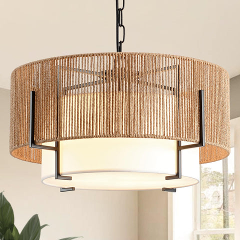 SupMaka 4-Light Rattan Chandelier closeup of woven rattan for warm diffused lighting