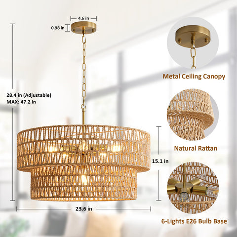 SupMaka 6-light rattan lamp close-up showing hand-woven shade