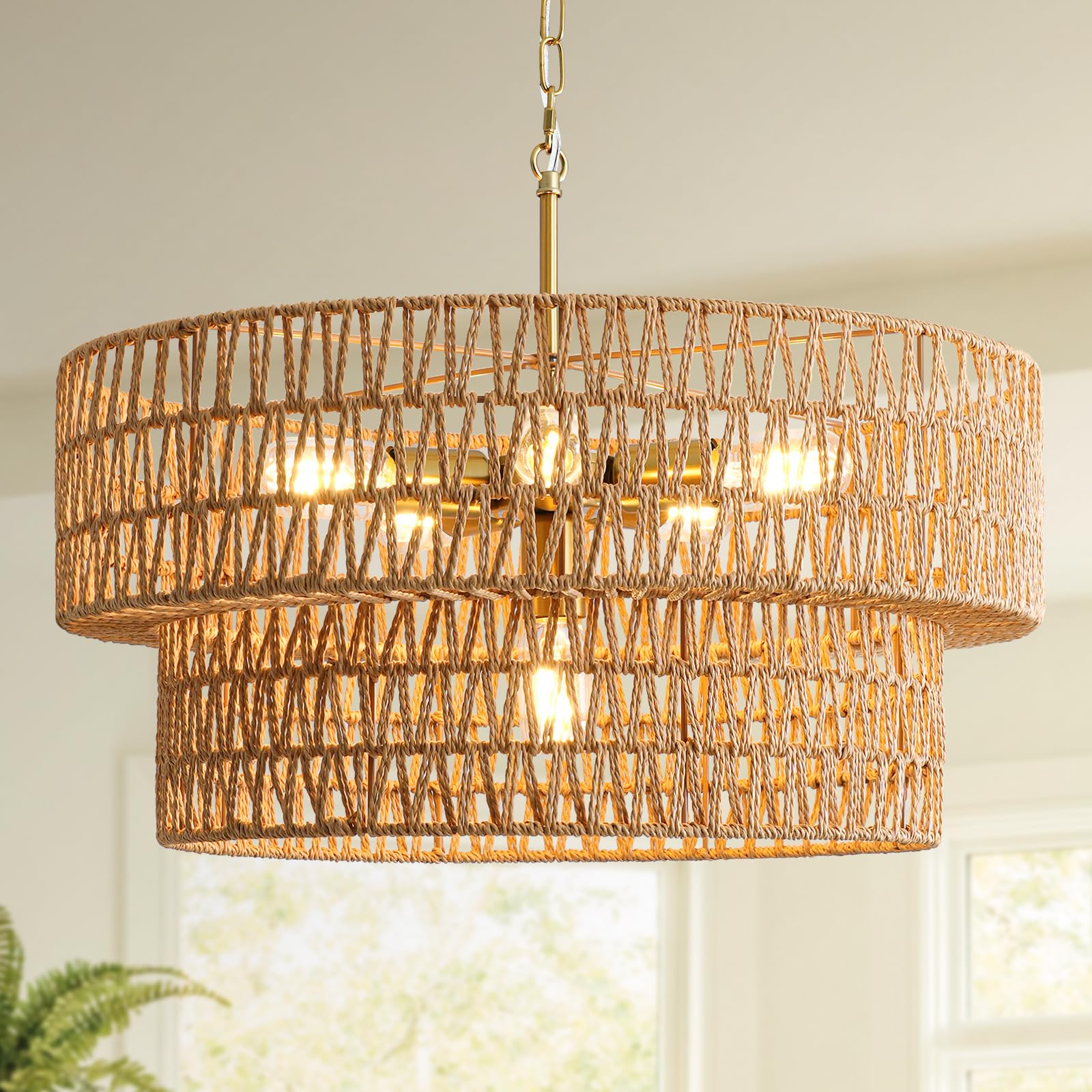 SupMaka boho rattan chandelier full view as a dining room centerpiece