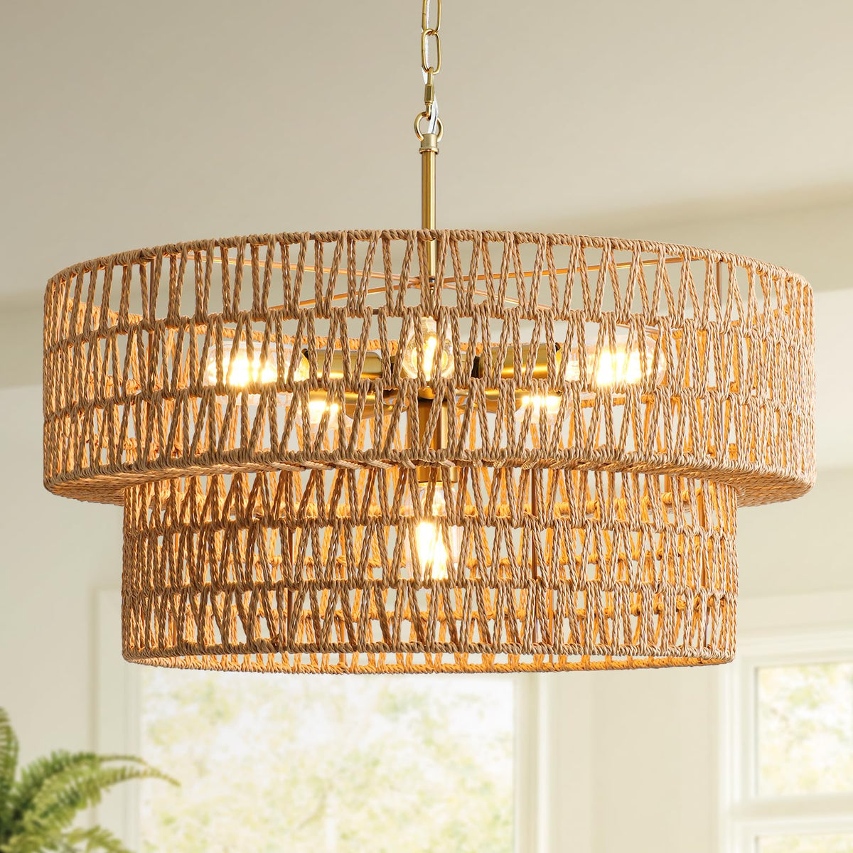 SupMaka boho rattan chandelier full view as a dining room centerpiece