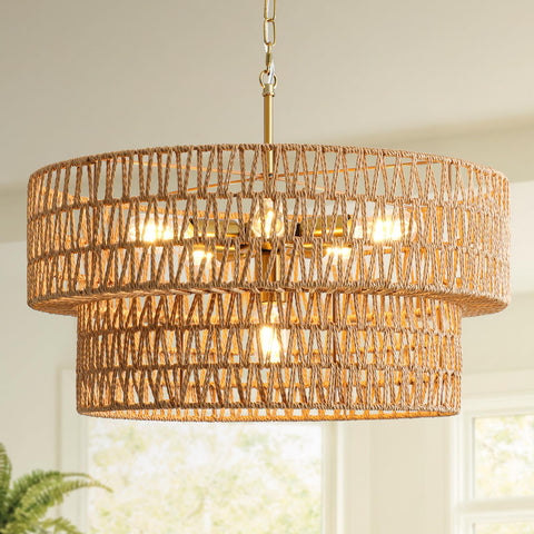SupMaka boho rattan chandelier full view as a dining room centerpiece
