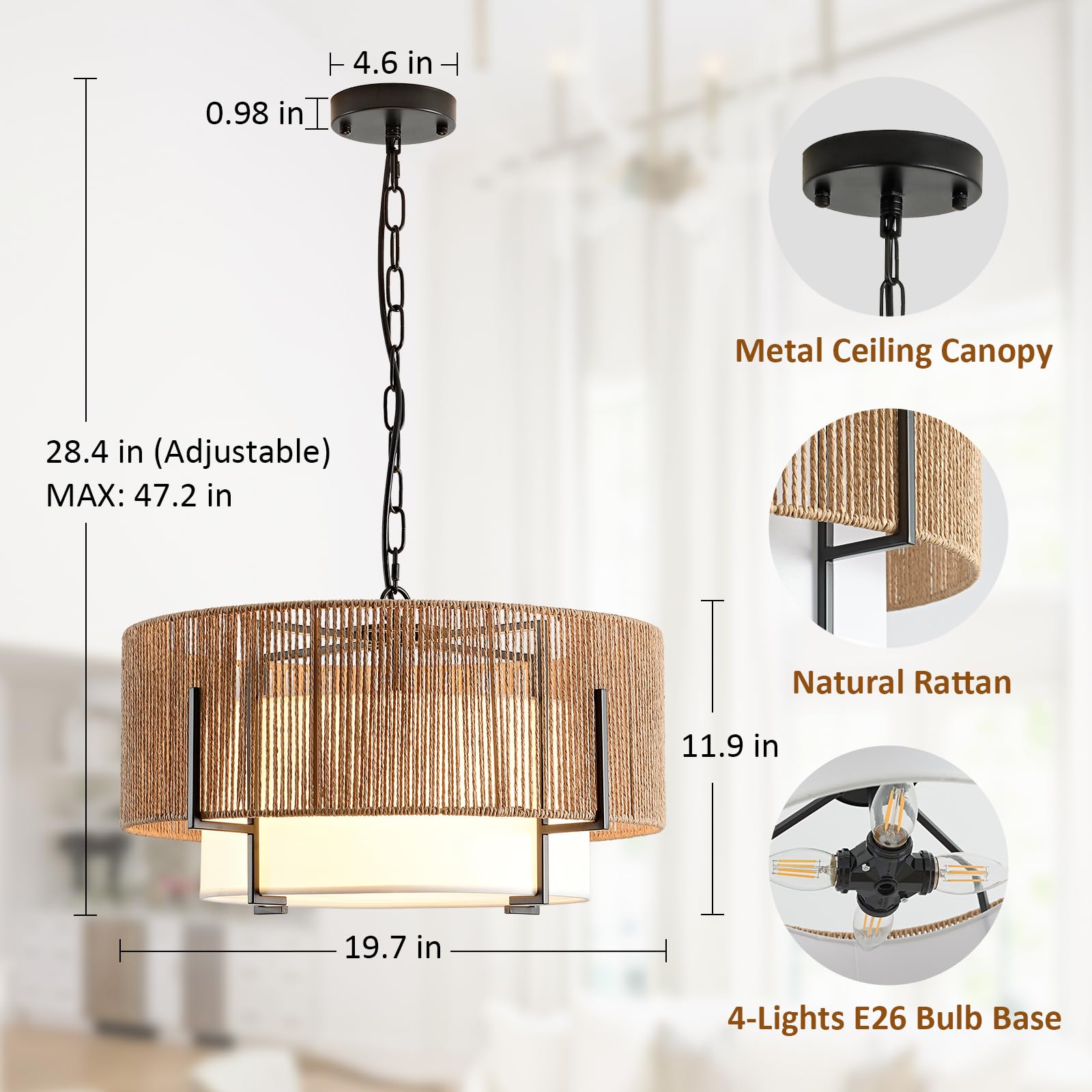 SupMaka rattan chandelier closeup with woven pattern and linen shade for rustic elegance