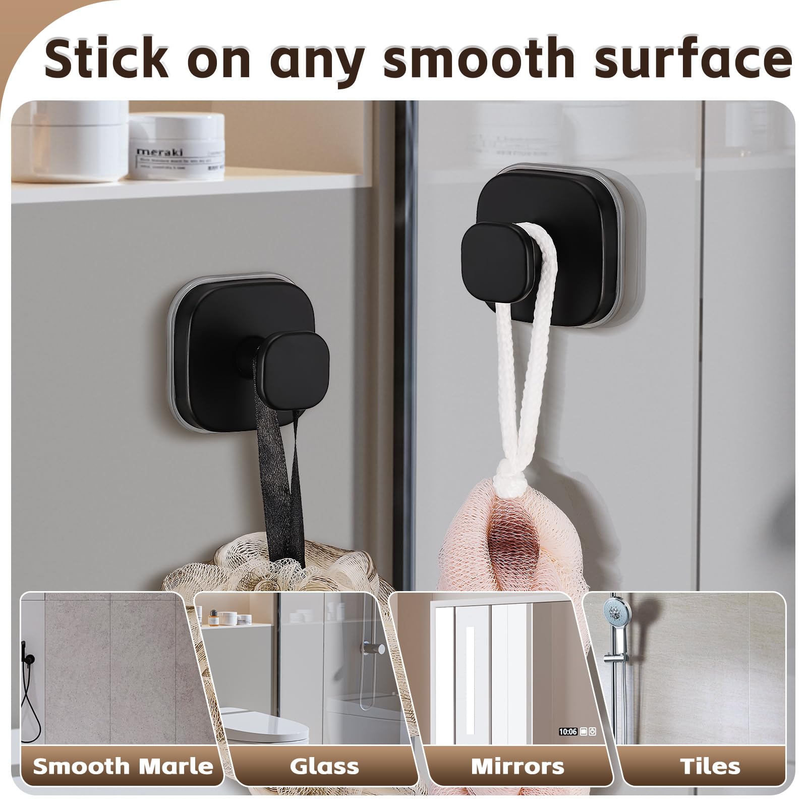 Supopular suction hook on tile surfaces keeping loofah accessible