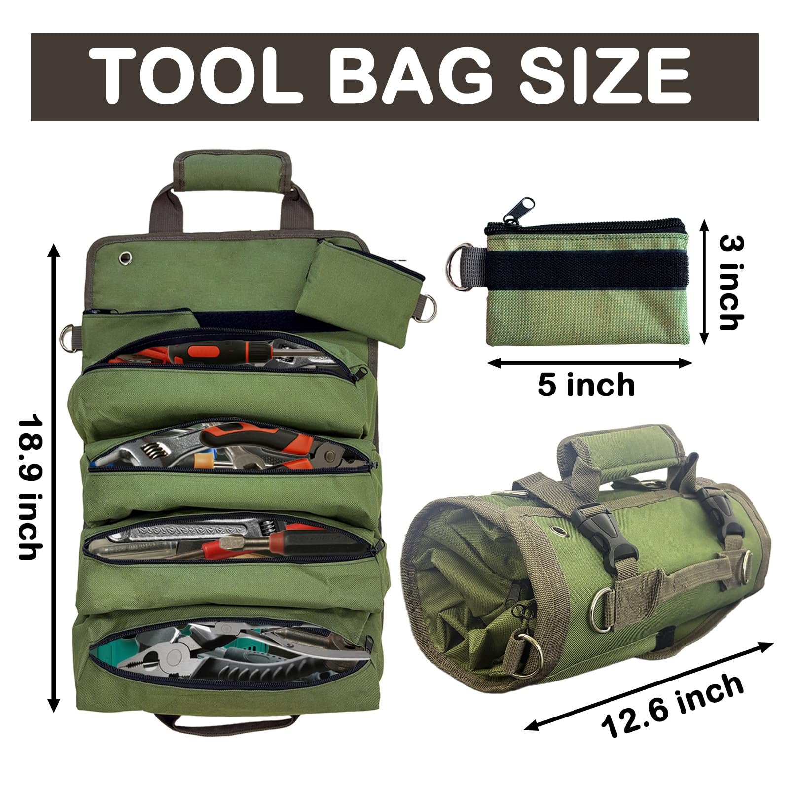 Suproamgo Roll Up Tool Bag green four large fixed compartments for organization.