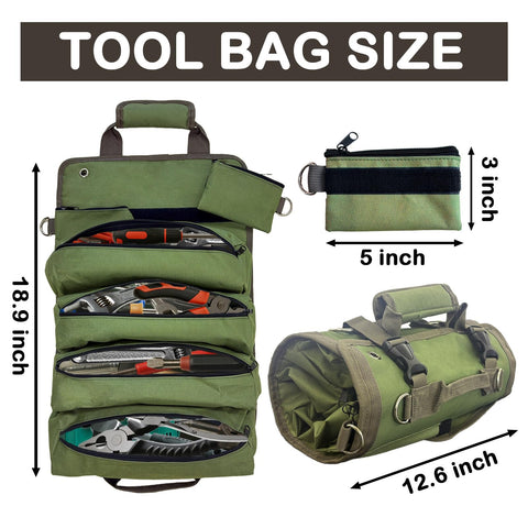 Suproamgo Roll Up Tool Bag green four large fixed compartments for organization.