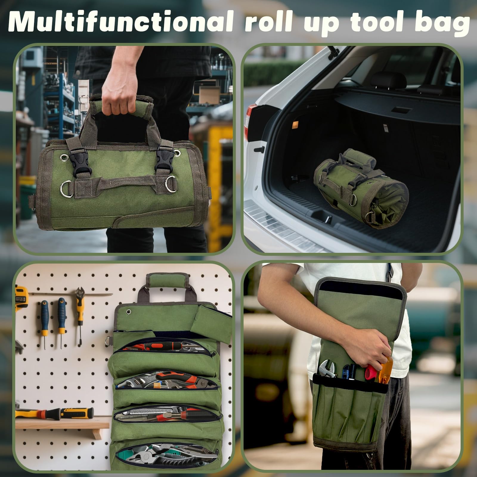 Suproamgo green tool bag removable pouches for small parts and screws.