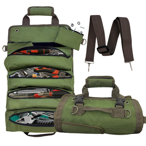 Suproamgo Roll Up Tool Bag green rolled compact for easy transport.