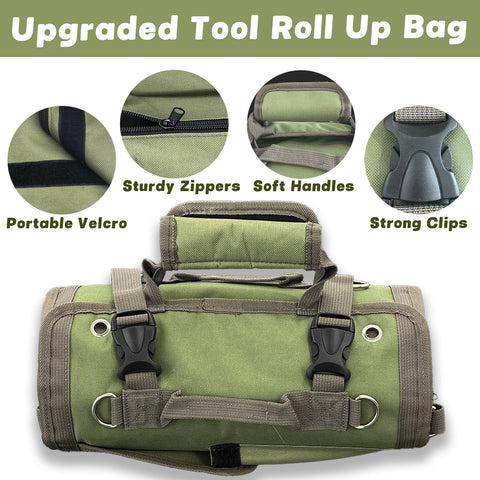 Suproamgo Roll Up Tool Bag green with 45-inch strap for comfortable crossbody carry.