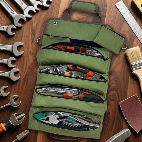Suproamgo Roll Up Tool Bag green compact when rolled, ideal for travel and workshops.