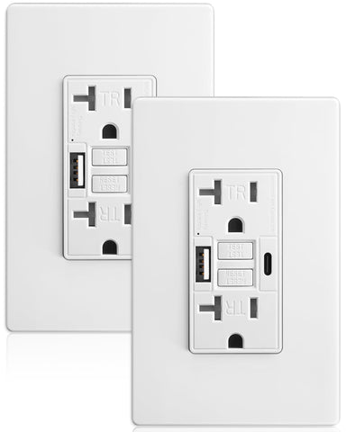 SURAIELEC 20A GFCI outlet front view with USB-C and USB-A for convenient charging