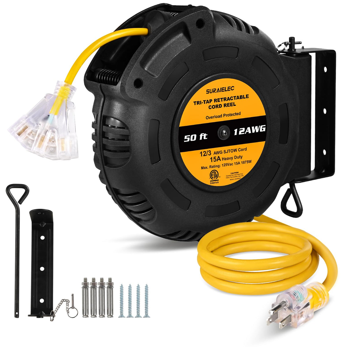 SURAIELEC 50 ft retractable extension reel in bright yellow for organized power.