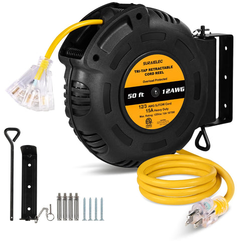 SURAIELEC 50 ft retractable extension reel in bright yellow for organized power.