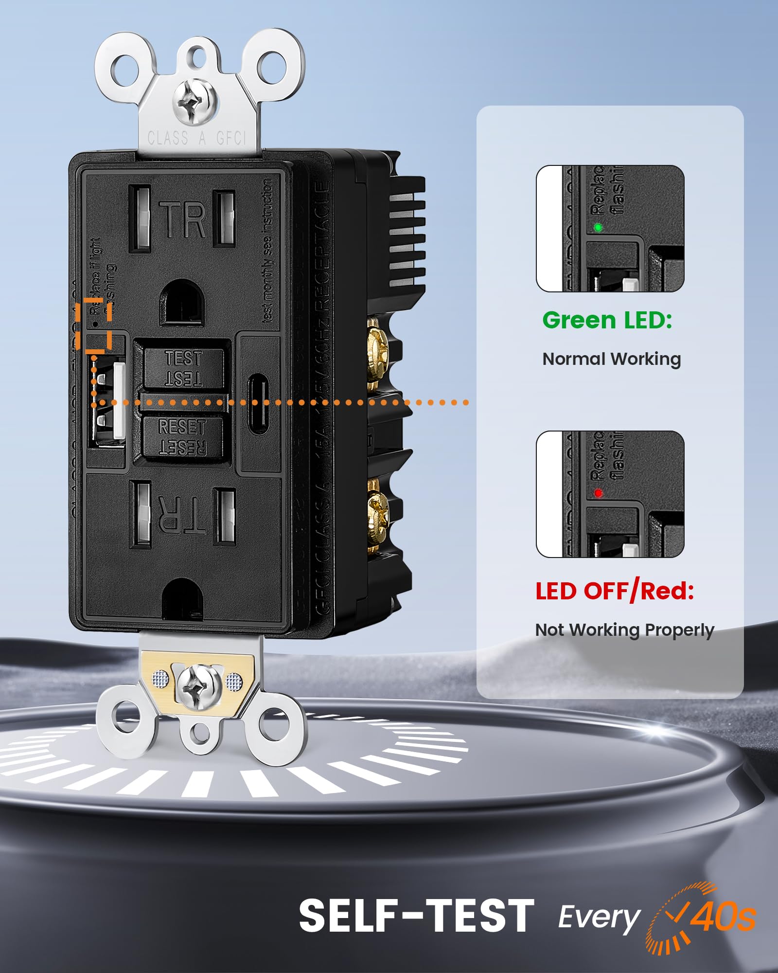 SURAIELEC black GFCI outlet with USB charging and protection.