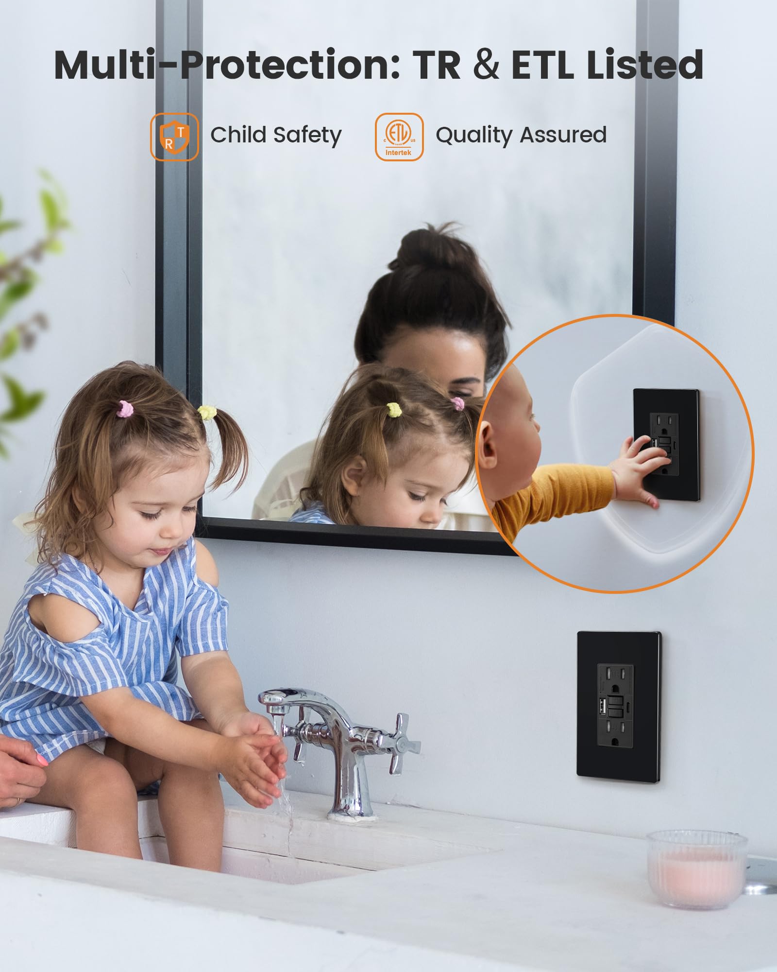SURAIELEC tamper-resistant outlet protects children in kitchens and bathrooms.