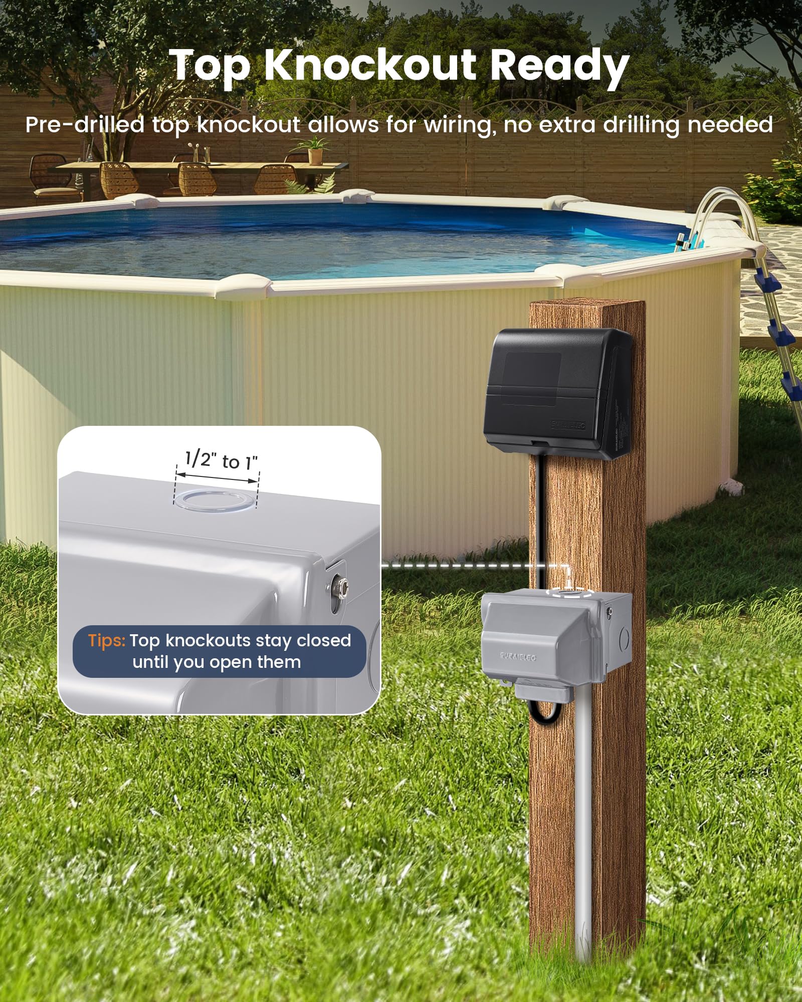 SURAIELEC horizontal mount outlet box blends with fence grids