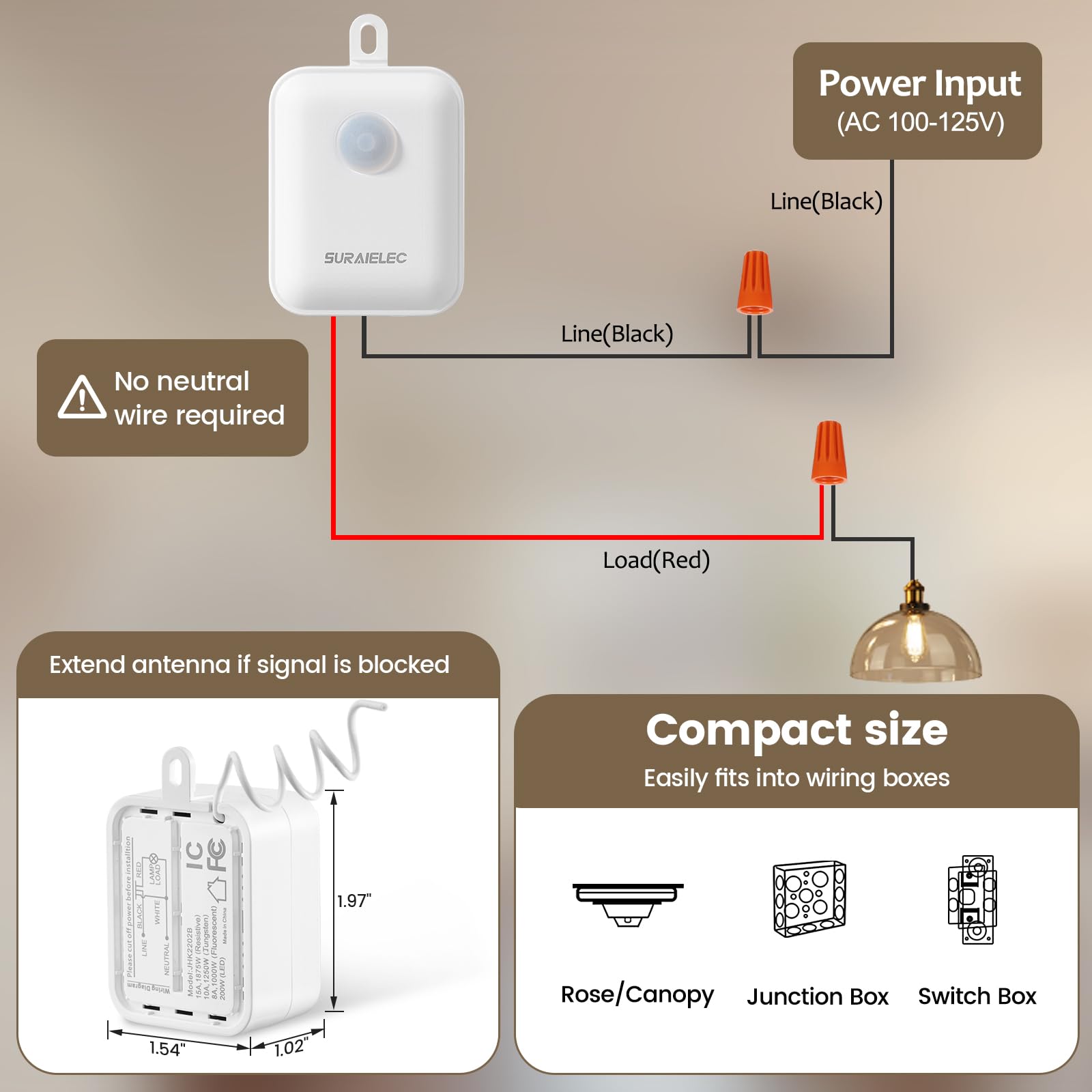 SURAIELEC relay receiver installation shows plug-and-play power to lamps