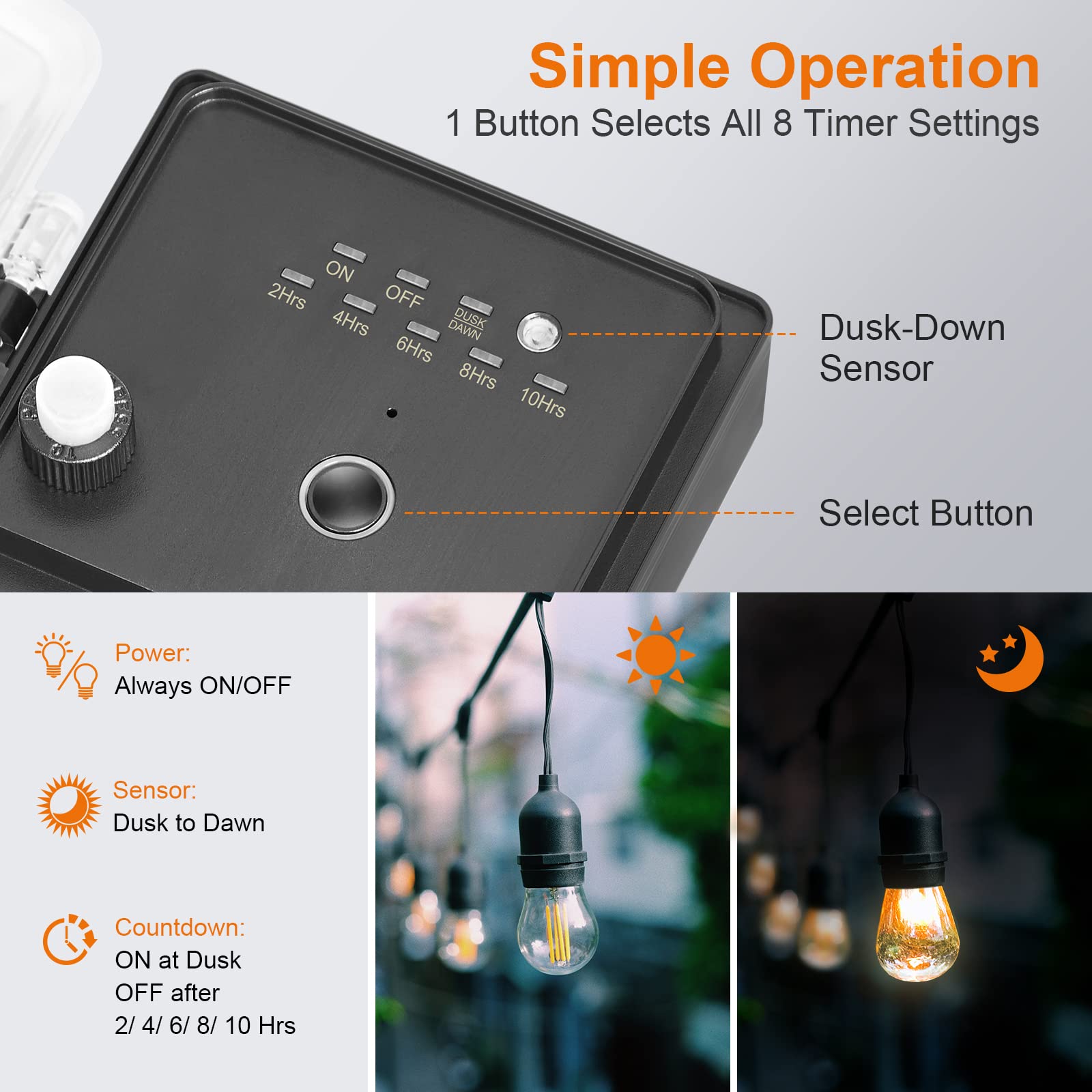 SURAIELEC six-outlet outdoor power strip powers multiple devices.