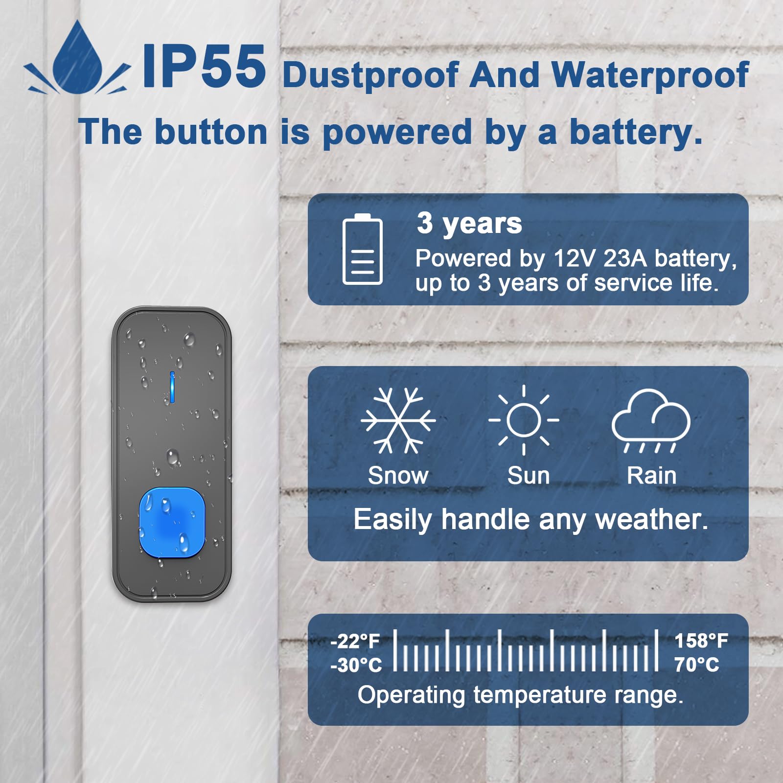 SurFou doorbell weatherproof IP55 button exposed to elements.