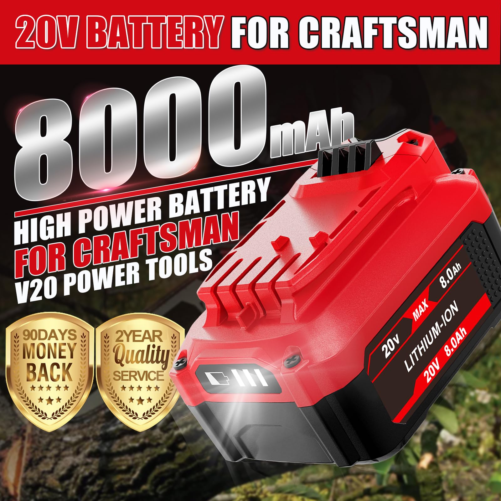 Surpowtec 2Pack battery pack showing 8000mAh capacity for extended Craftsman runtime.