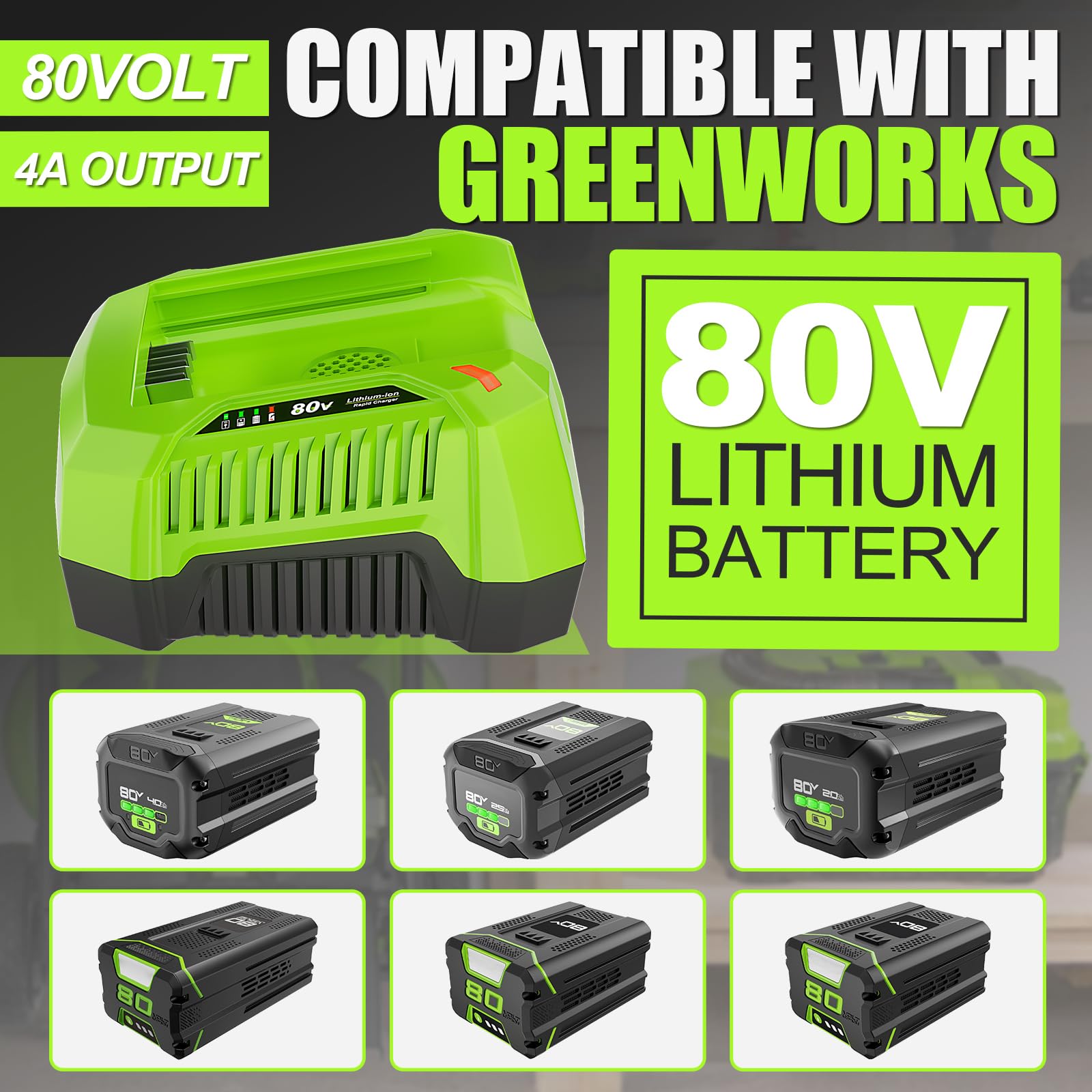 Surpowtec 4A Rapid Charger compatible with Greenworks Pro 80V battery models.