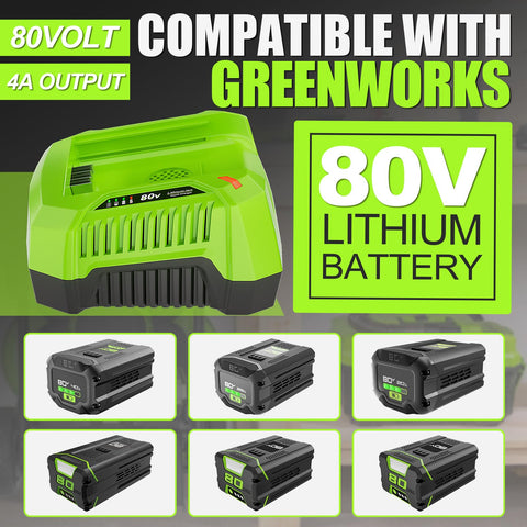 Surpowtec 4A Rapid Charger compatible with Greenworks Pro 80V battery models.