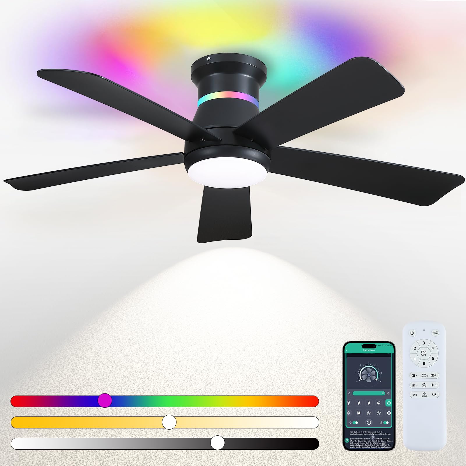 Surtime 46in black ceiling fan flush mount with sleek matte finish for modern spaces and ambience.