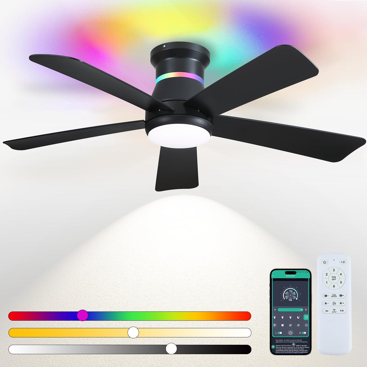 Surtime 46in black ceiling fan flush mount with sleek matte finish for modern spaces and ambience.