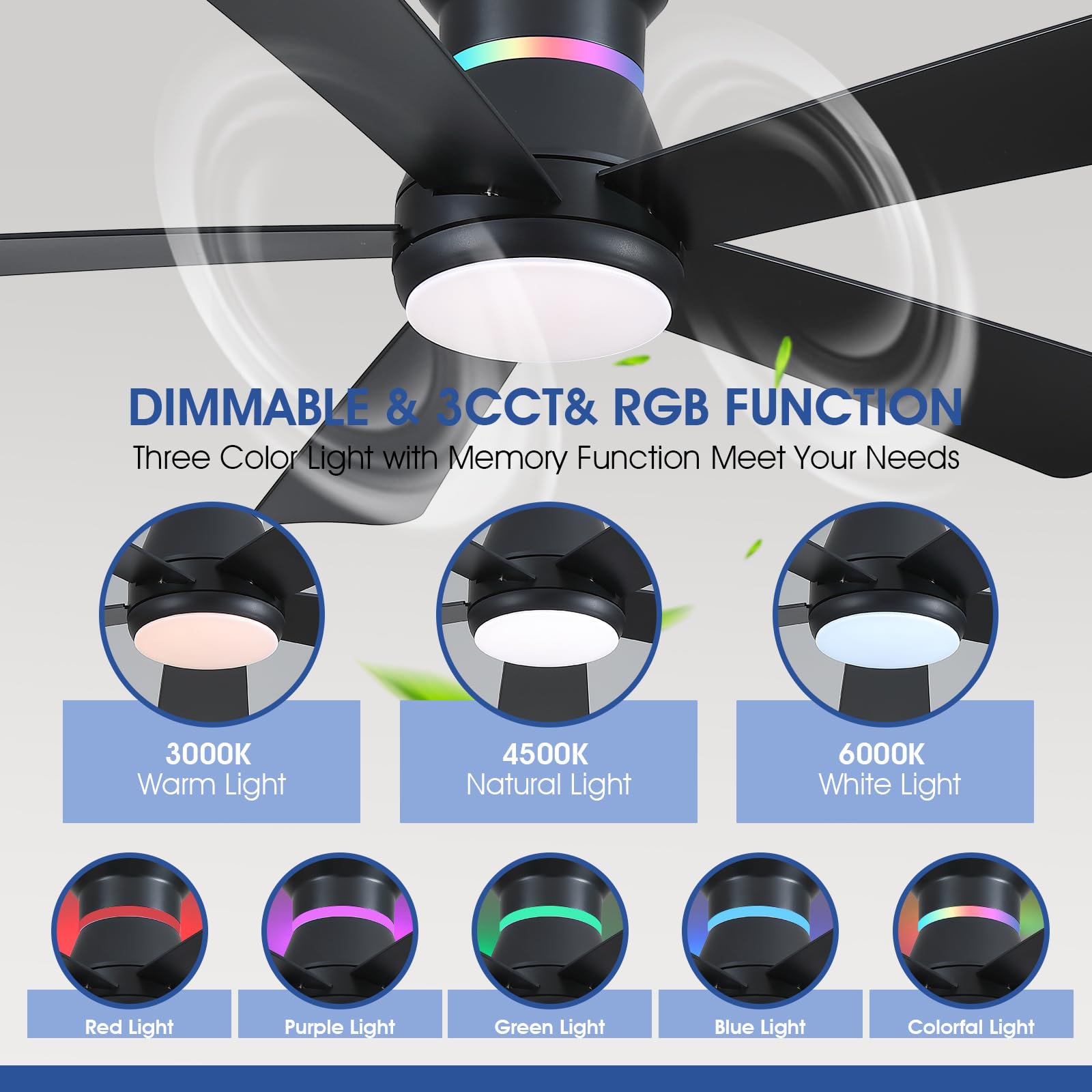 Surtime ceiling fan RGB lighting with color options for customizable atmosphere.