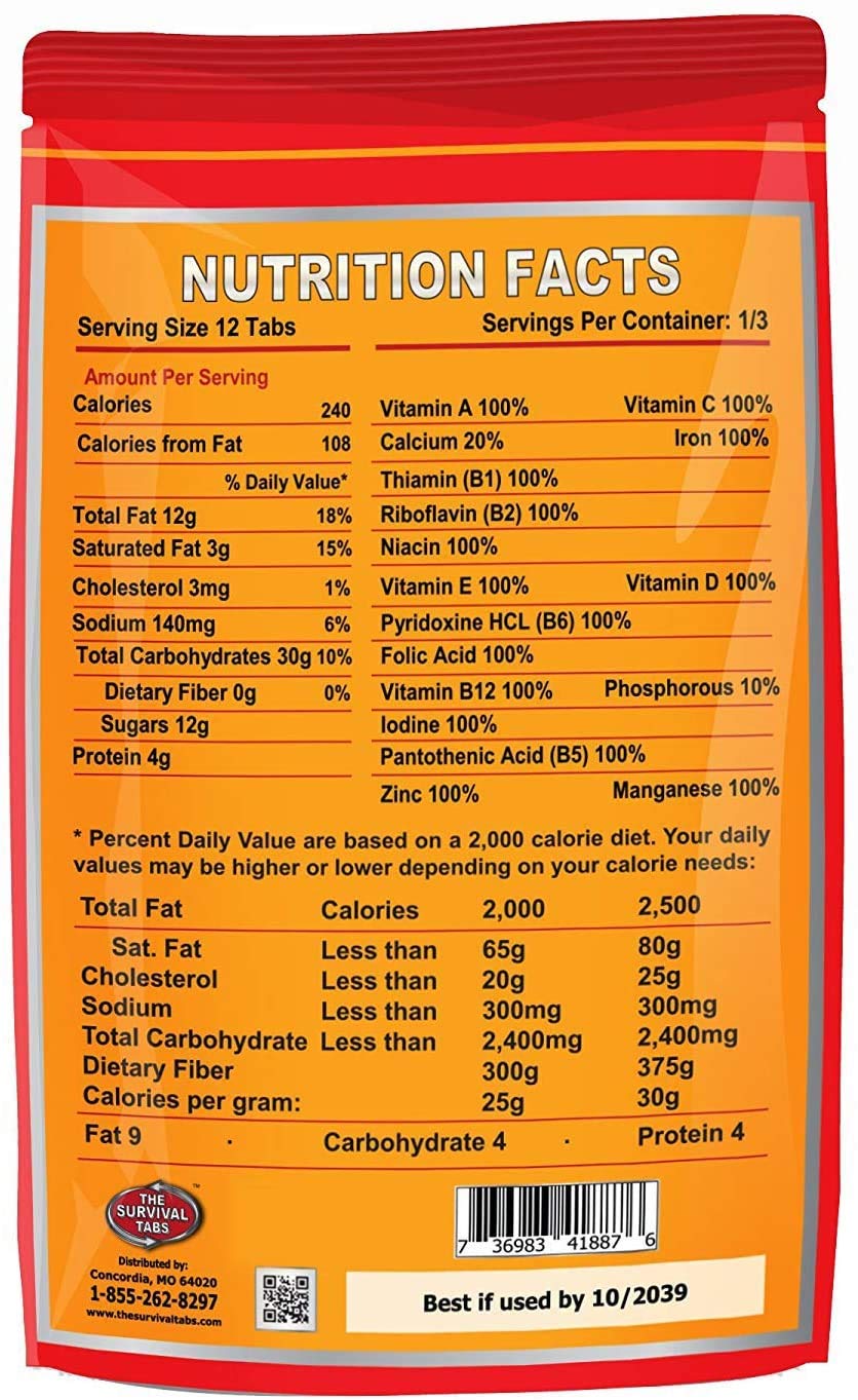 The Survival Tabs 12-tablet daily serving for compact survival nutrition.