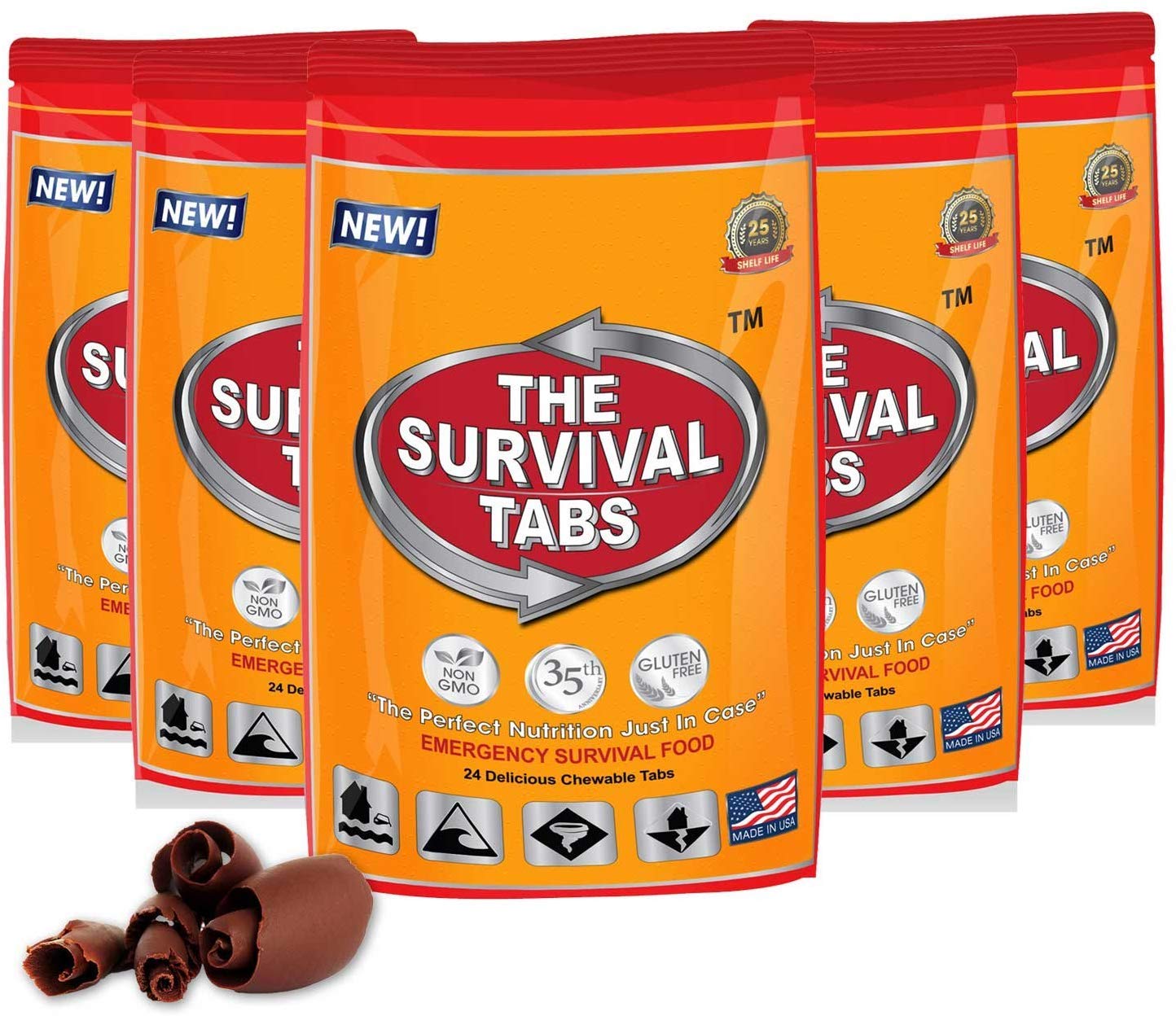 The Survival Tabs emergency chocolate packaging is compact and store-ready for quick access.