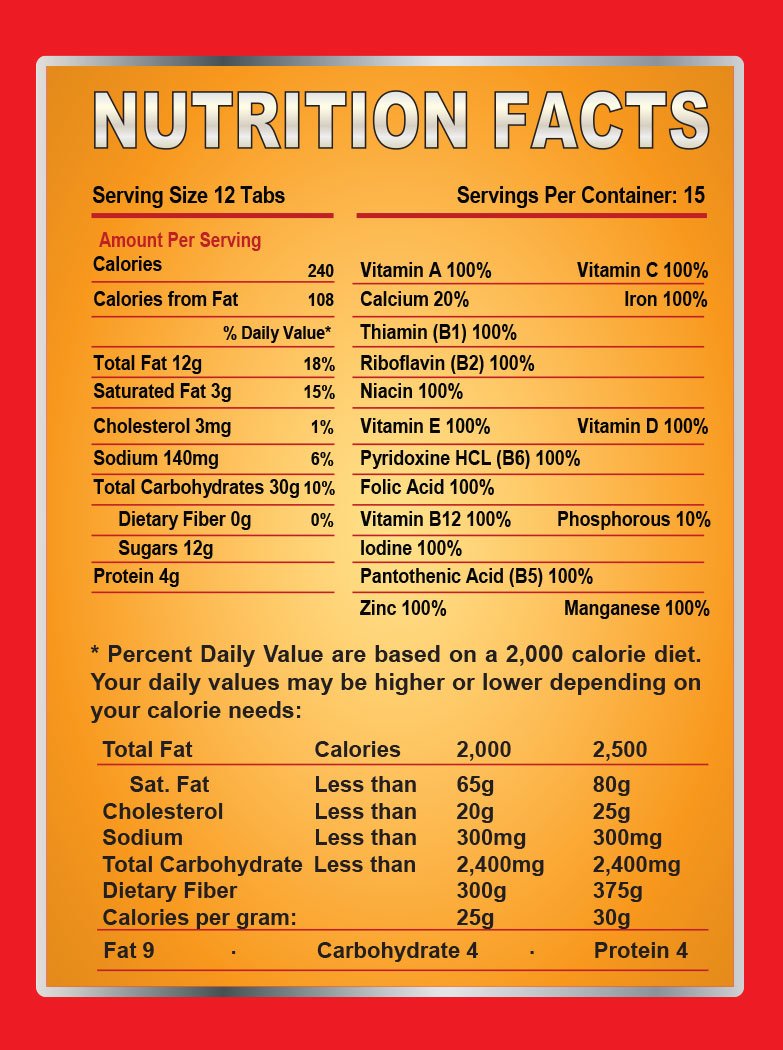 The Survival Tabs nutrition label highlights vitamins and minerals per RDA.