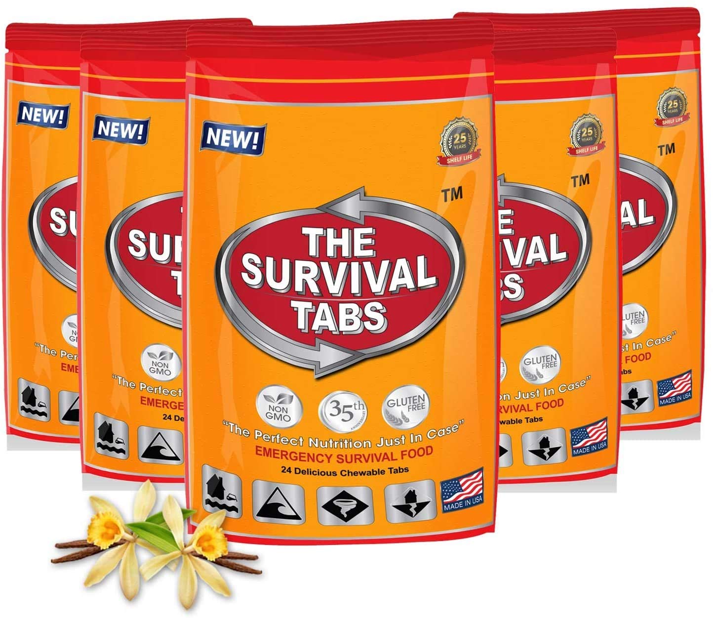 The Survival Tabs vanilla flavor tablets in a pouch for easy emergency nutrition.