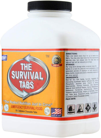 The Survival Tabs vanilla packaging shot showcases long shelf life and easy stacking.