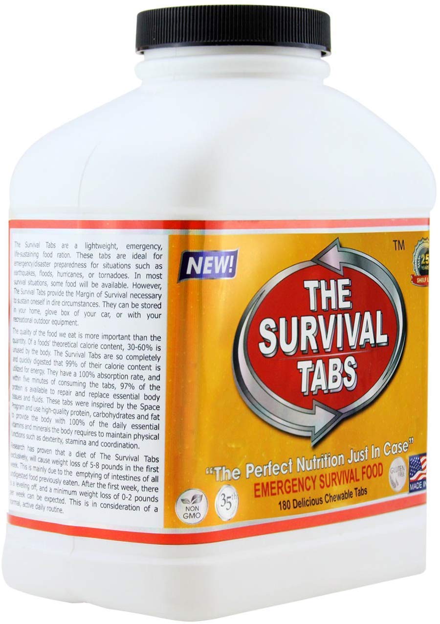 The Survival Tabs vanilla tablets close-up emphasizes gluten-free, non-GMO nutrition.