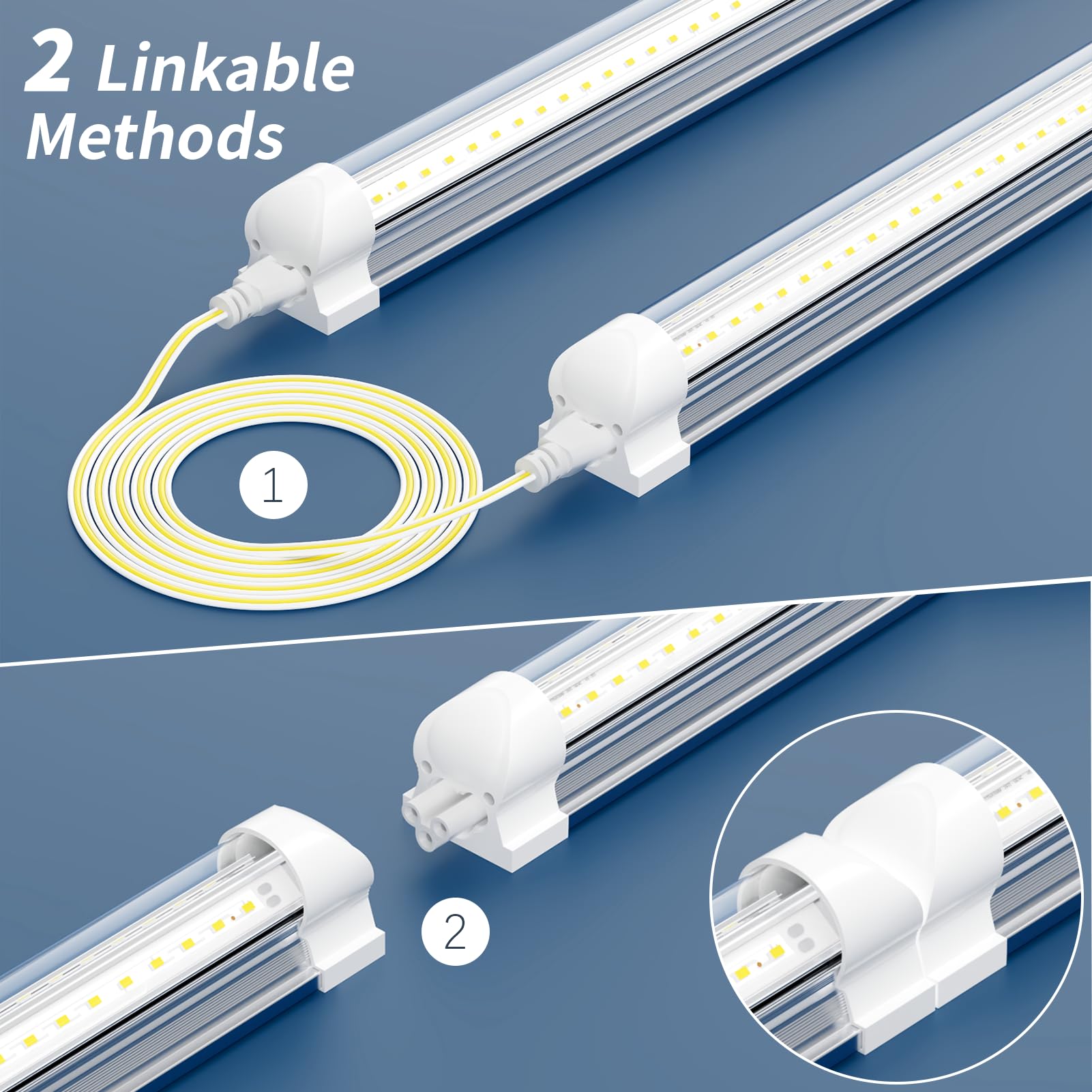 SUSLUM T8 LED light showing 270-degree beam coverage in a garage