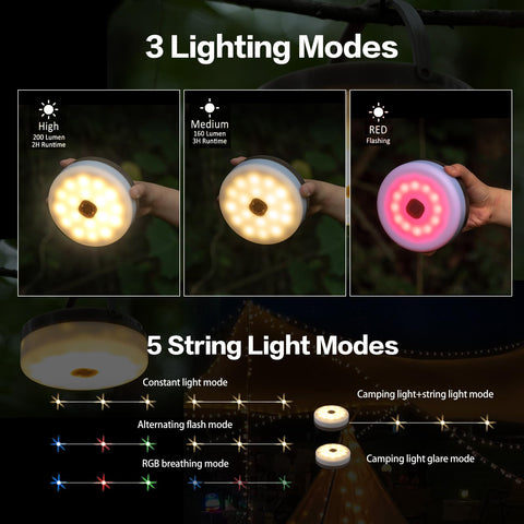Sutaig 39.4ft LED camping string lights spanning a campsite for versatile illumination