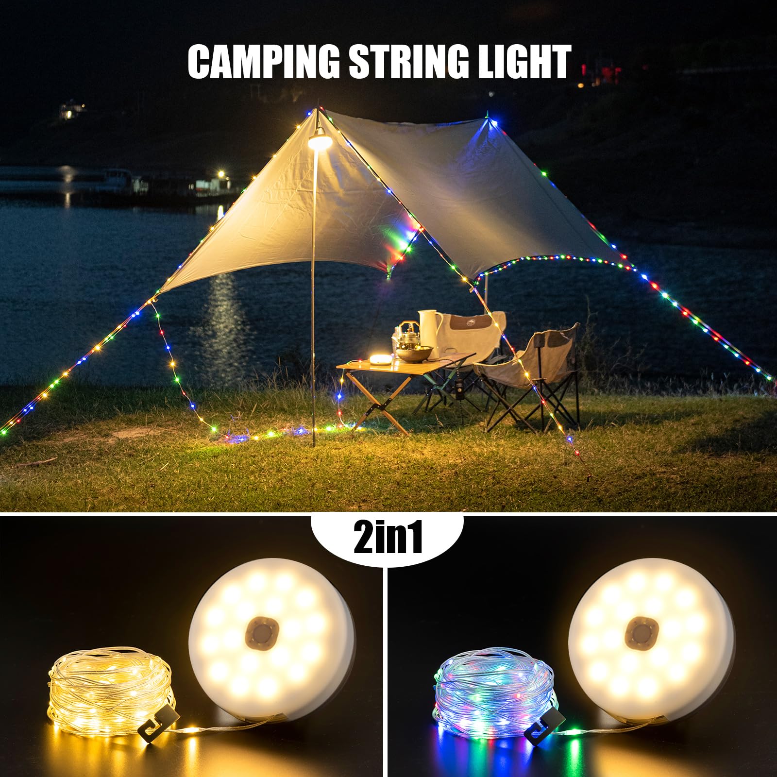 Sutaig 4-in-1 camping string lights over a tent providing ambient outdoor glow