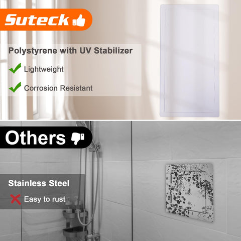 Suteck panel close-up shows concealed hinge for smooth operation.