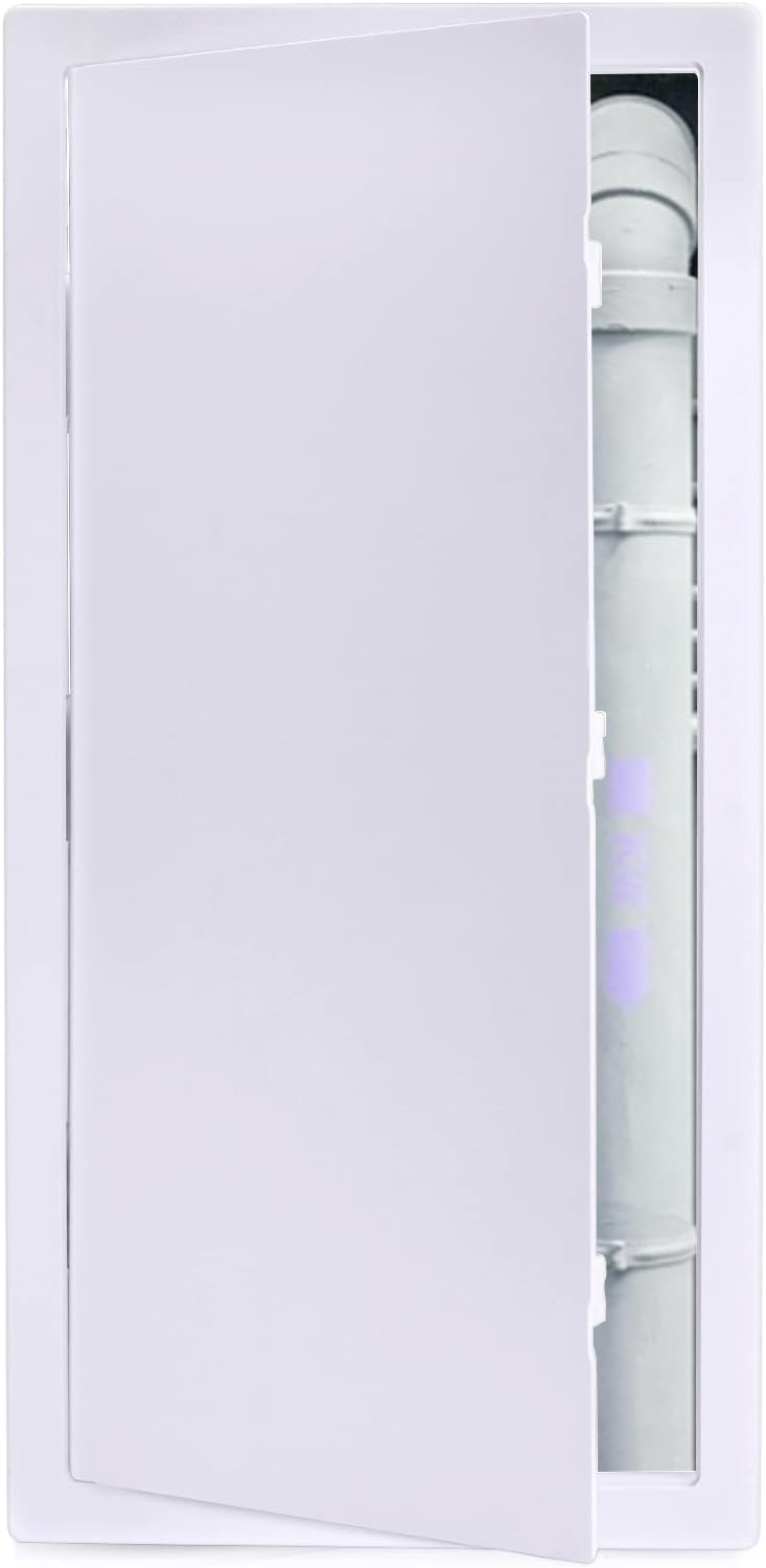 Suteck plumbing access panel in drywall ceiling, front view for easy service access.