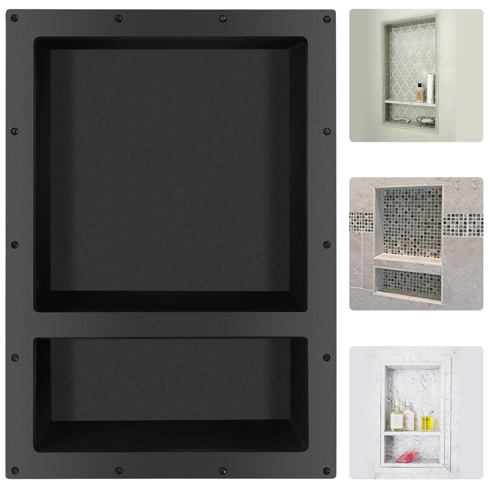 Suteck shower niche overview showing spacious built-in storage for toiletries.