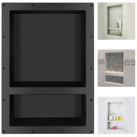 Suteck shower niche overview showing spacious built-in storage for toiletries.