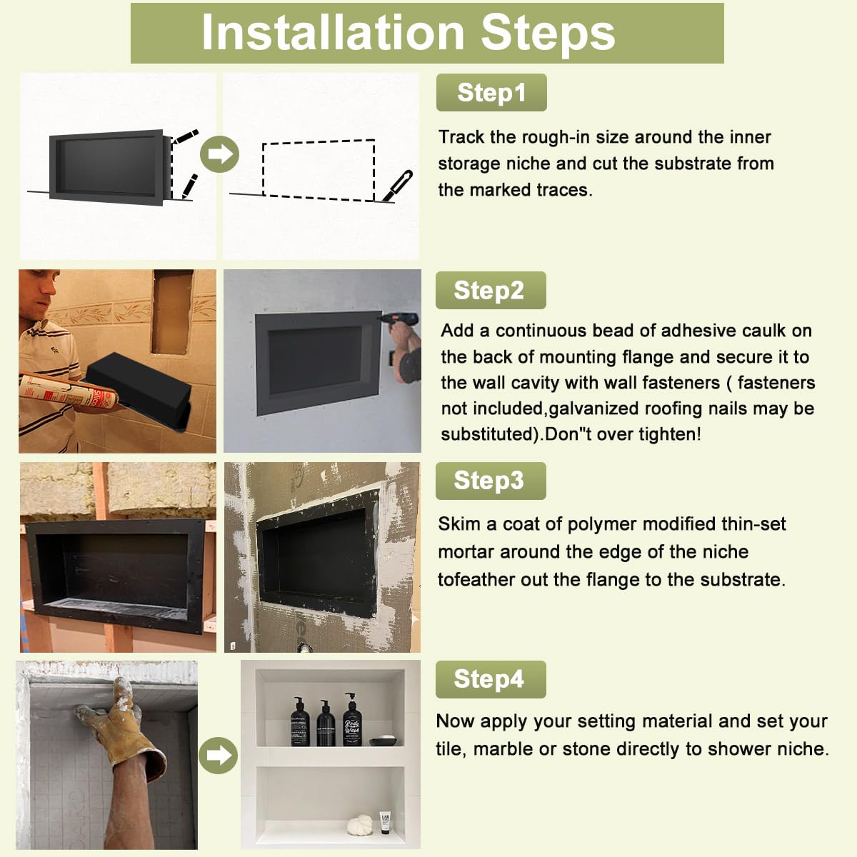 Suteck Shower Niche can be positioned vertically or horizontally to suit layout.