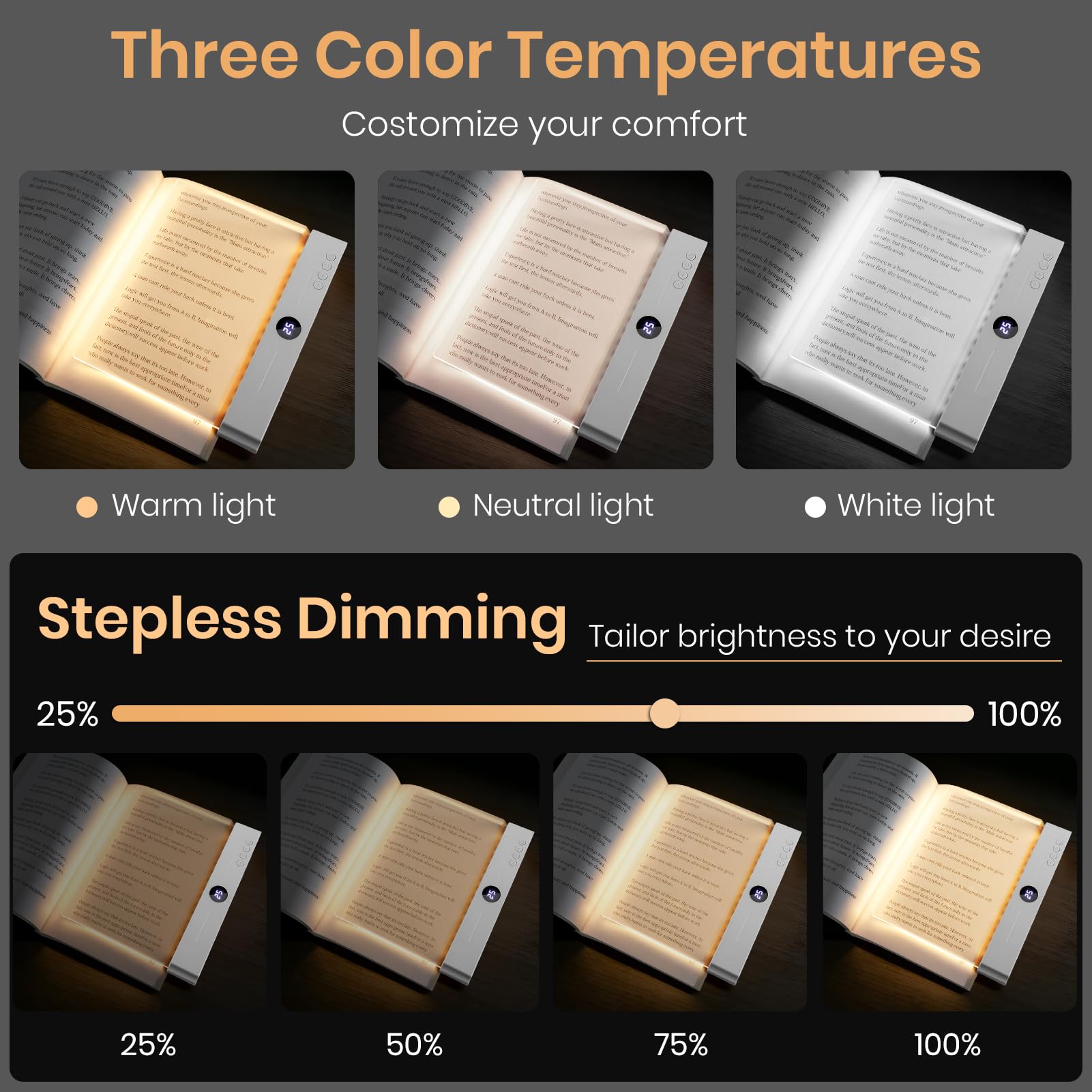Suteng Flat Book Light color modes enable warm and cool tones for night study.