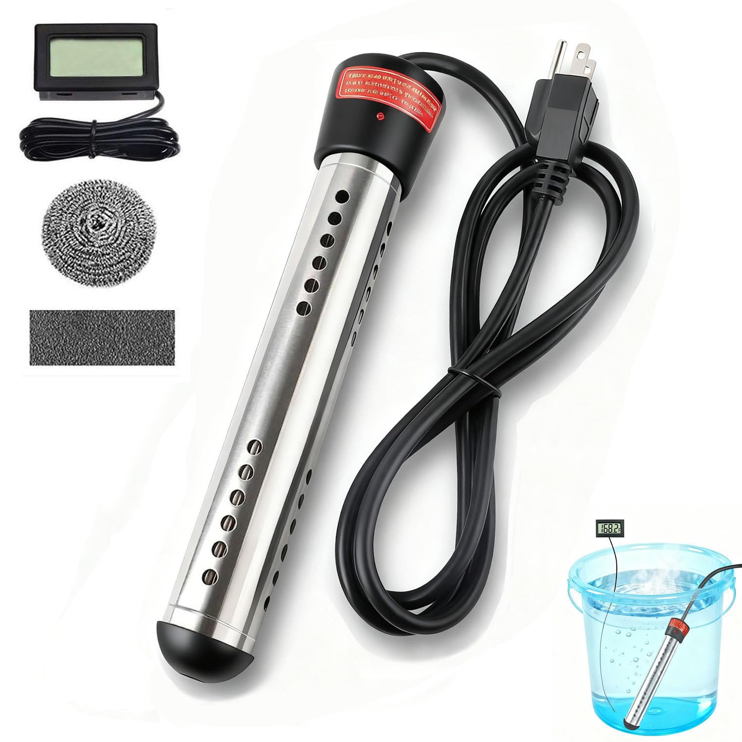 Suwdjpwo immersion water heater with stainless guard for safe quick heating in small pools