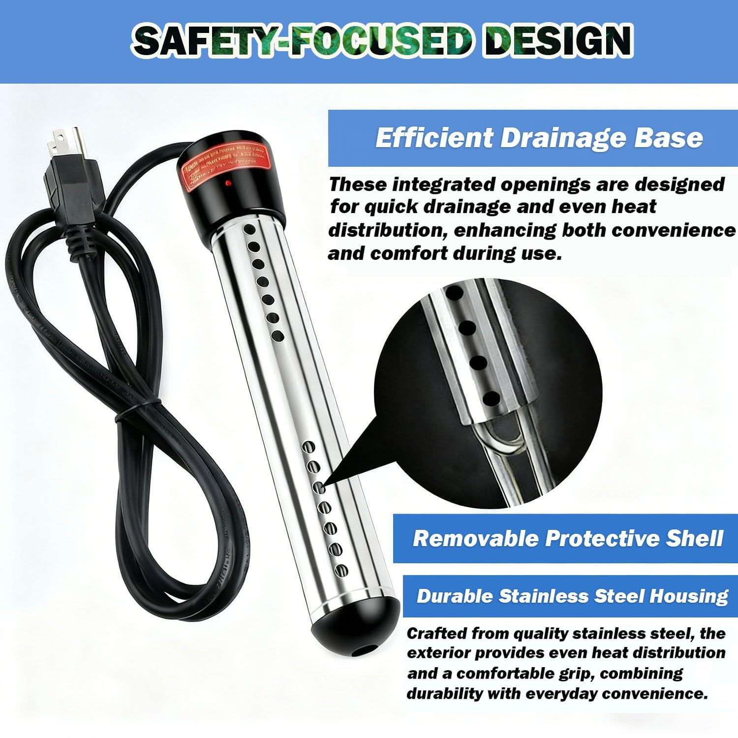 Suwdjpwo portable immersion heater with protective enclosure for safer indoors use