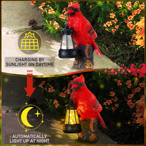 Suzile Cardinal Garden Statue with Solar Lantern weatherproof resin in yard