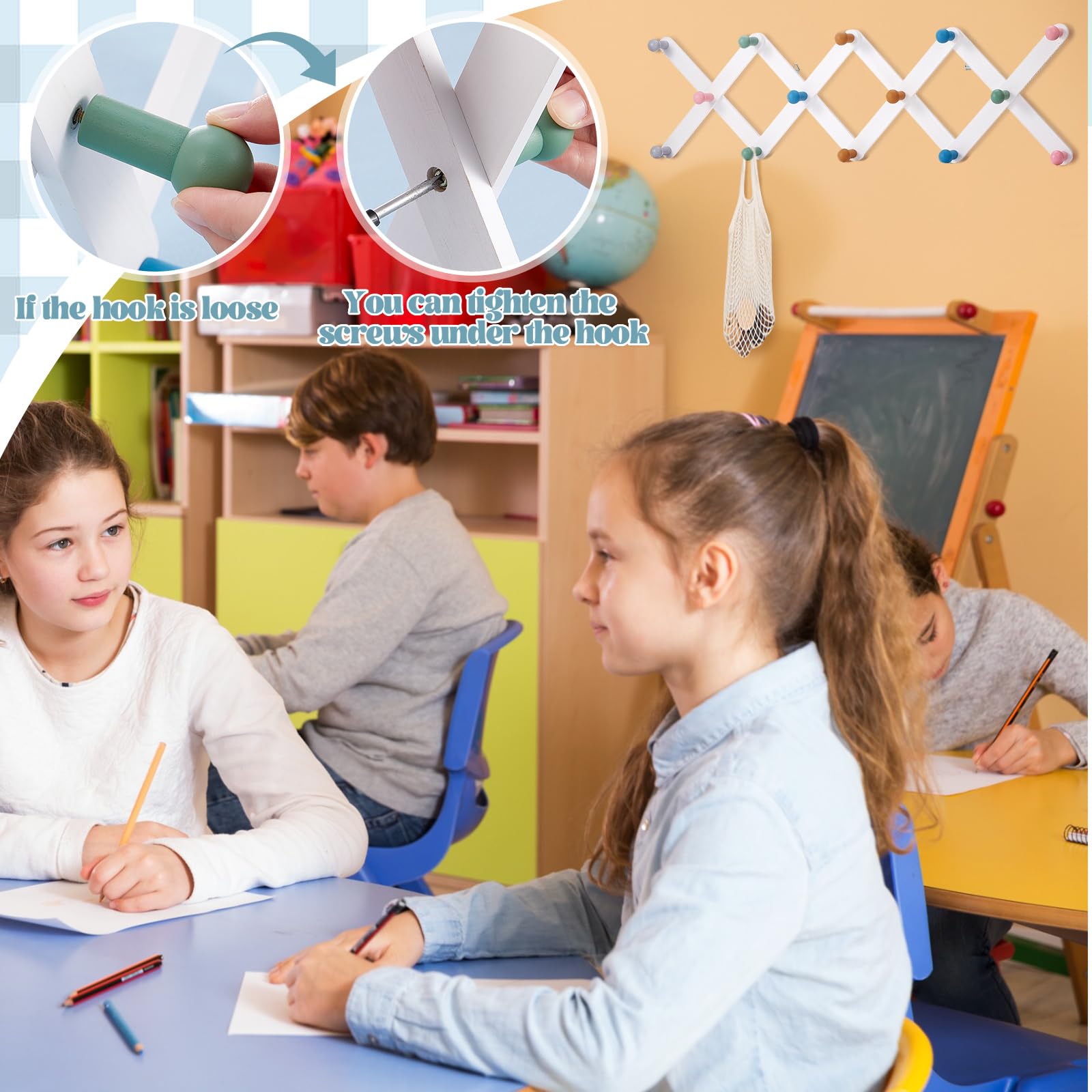 Suzile rainbow Morandi pegs highlight colorful, tidy storage in a kids room.