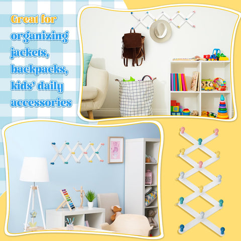 Suzile white pine wood coat rack blends with nursery decor and colors.