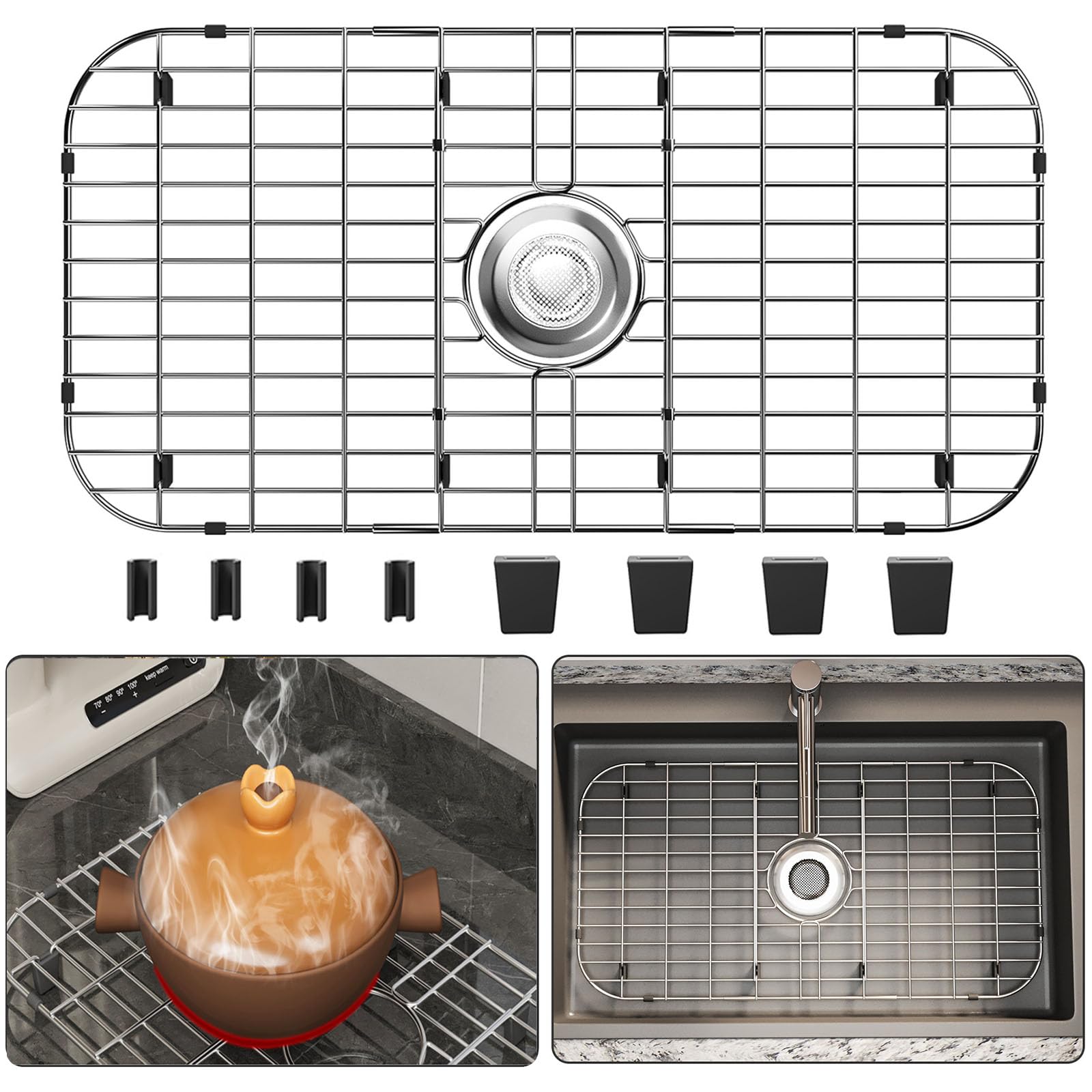 SUZLON 28x15 sink grid front view highlights durable stainless steel construction.