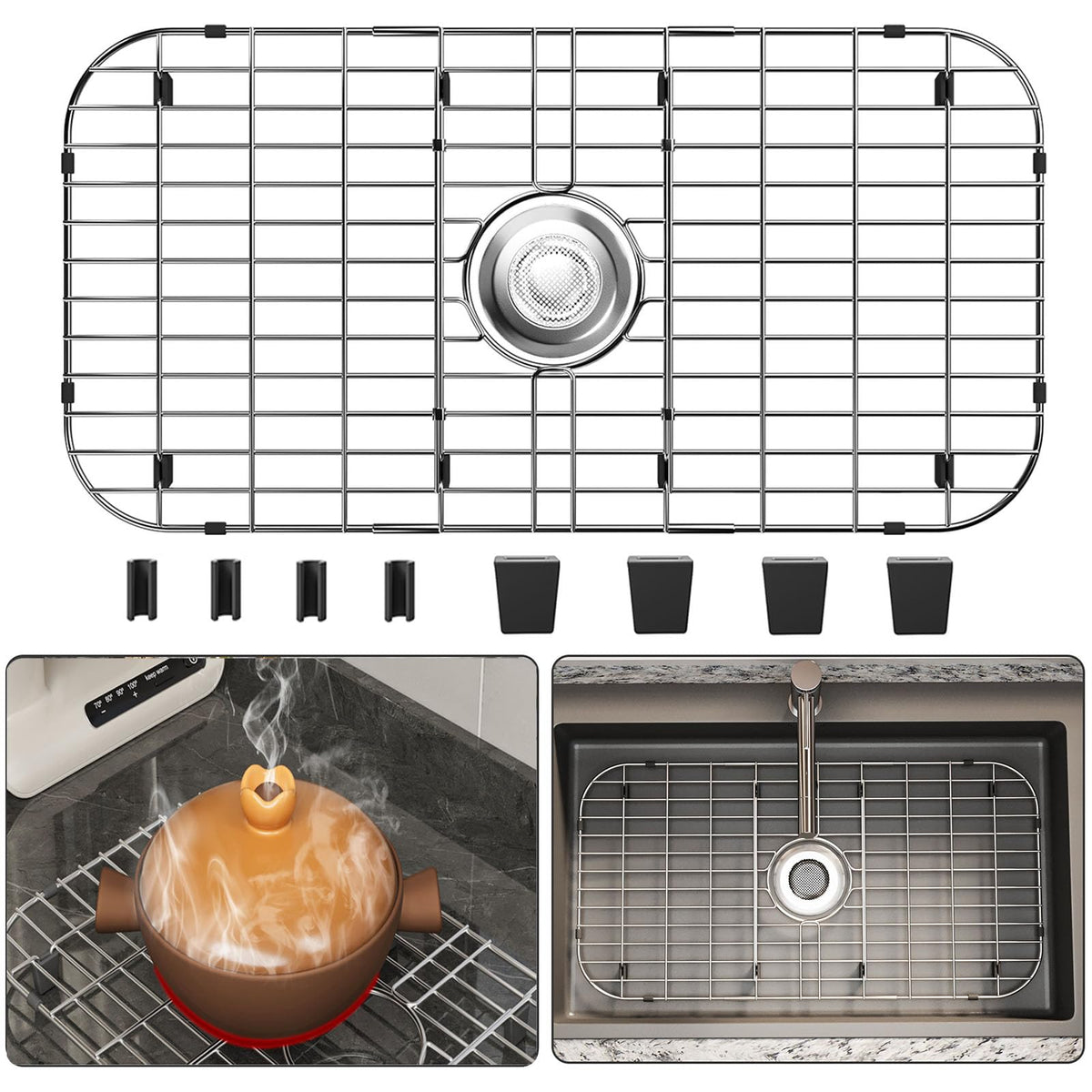 SUZLON 28x15 sink grid front view highlights durable stainless steel construction.